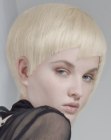 Short haircut with extravagant bangs and a helmet like shape