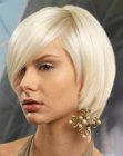 Blond rounded bob haircut with long side bangs