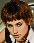 Hair with choppy texture and short cropped bangs