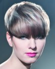 Smooth short hairstyle with full bangs and exposed ears