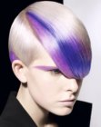 Short blonde hair with blue and purple color accents