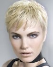Cropped pixie cut with varying shades of blonde hair