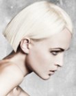 Platinum blonde jaw length bob with super straight cutting lines