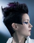 Dramatic style for short black hair with a lilac color splash