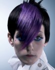 Short and sleek black hair with purple bangs