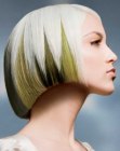 Futuristic curved bob for blonde hair with green color accents