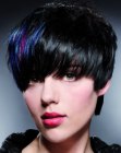 Short black hair with blue and fuchsia streaks