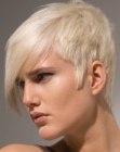 Short layered hairstyle with a long strand on one side