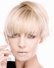 Blonde hair in a mix of a pixie and a pageboy
