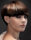 Modern mushroom or bowl cut with layers of different hair colors