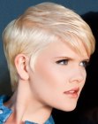 Pixie cut with the hair styled towards the front