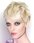 Blonde pixie with volume and diagonal bangs
