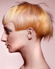 Sleek short hair with a marble color effect and a helmet shape