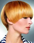 Modern bowl cut with bangs that sit very low