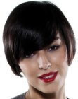 Short pageboy cut with a rounded shape and long bangs