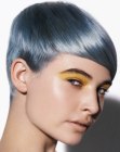 Short metallic blue hair with a velvety neck section