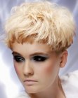 Mushroom haircut with clipper cut sides and ruffled styling