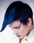 Short black hair with long blue bangs and fanned out sides