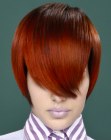 Short copper color hair with very long bangs