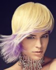 Platinum blonde hair with a purple accent and a flaring out side