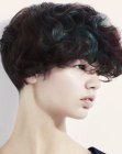 Short hairstyle with blended colors and a curly top and bangs