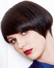 Short hairstyle with a very short neckline and diagonal bangs