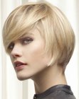 Short hairstyle with a short neck and several shades of blonde