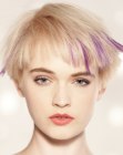 Short blonde hair with jagged edges and purple streaks