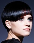 Sleek and satiny short hair with angled bangs