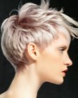 Silver metallic hair with a short back and longer crown section