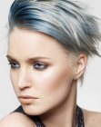 Short satiny hair with silver and blue metallic colors