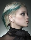 Blonde hair with edged sides and blue streaks