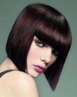 Sleek chin-level brunette bob with blunt bangs