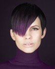 Short black hair with a purple color accent