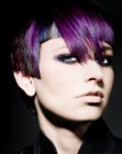 Short aubergine colored hair with squared bangs