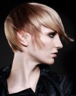 Short hairstyle with a layered nape and faux sideburns