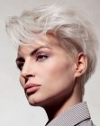 Short silvery grey hair with a steeply tapered nape section
