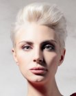 Platinum blonde pixie cut with tapered sides and longer top hair