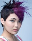 Funky short hairdo for brown hair with purple accents