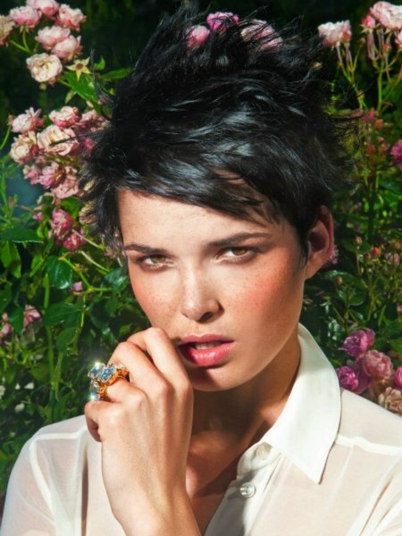 Short haircut with layers and sideways bangs