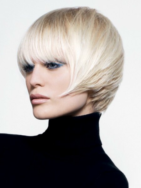 Short blonde bob with full bangs and the sides styled forward