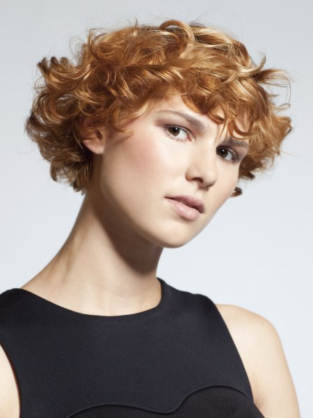 Short and curly hairdo with a warm hair color