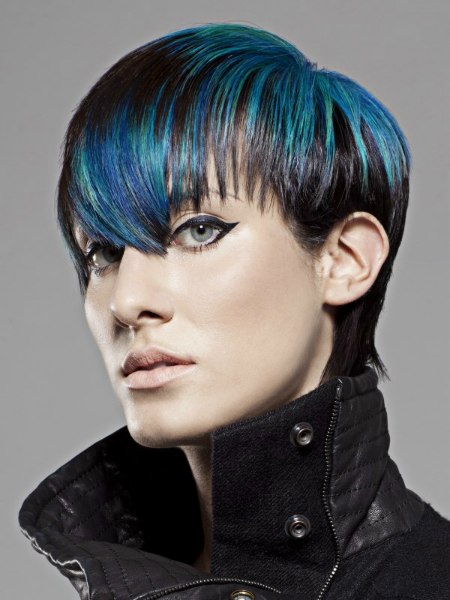 Short hair, colored in electric blue