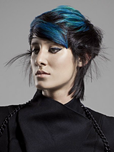 Short blue hair with a long neckline