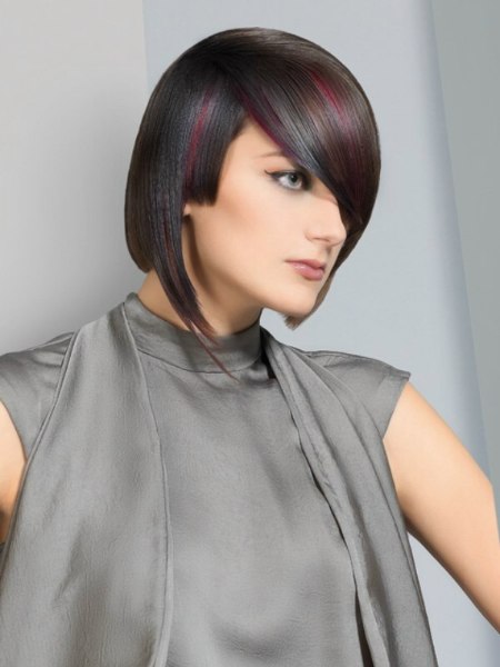 Mid-neck length haircut with varying lengths and hair colors