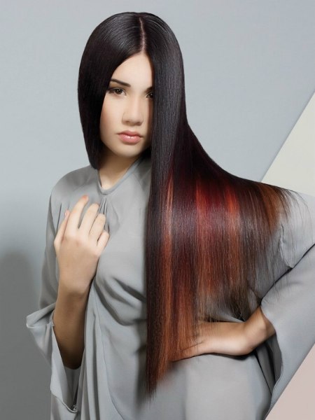 Long hair with shine and color streaks
