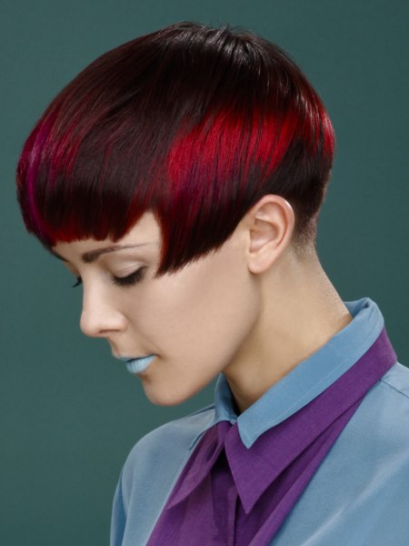 Haircut with a short nape and silk blouse collar