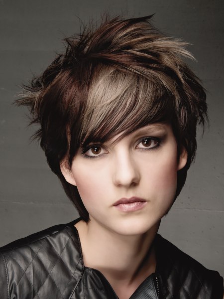 Short haircut with layers for arm brown hair with a lighter section