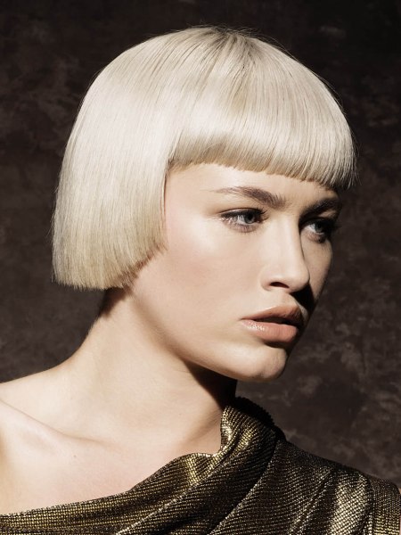 Short sleek and simple platinum blonde bob