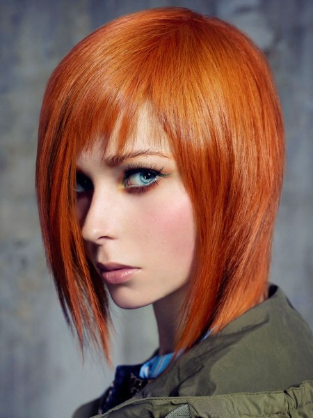 Medium-length lava red hair with a sleek, head-hugging shape